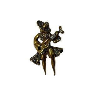 Vintage Gold Tone Rhinestone Musician‎ Playing Guitar Southwestern Brooch Pin